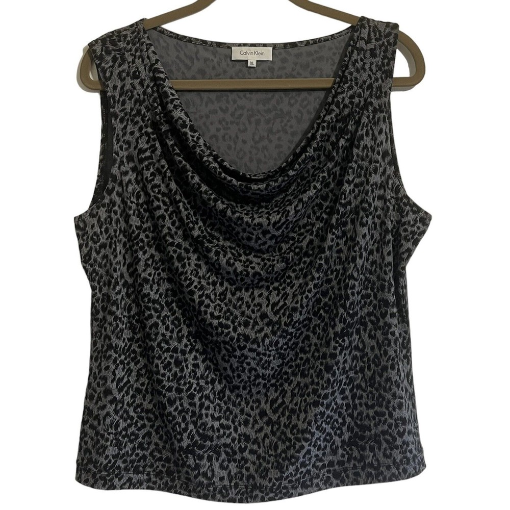 Calvin Klein Sleeveless Cowl Neck Pullover Blouse Black Cheetah Print Size XL